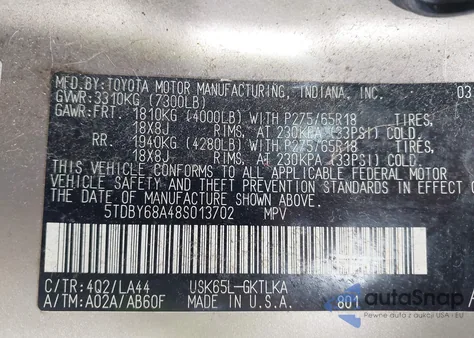 2008 Toyota Sequoia Limited 5.7L V8 from USA, damaged, VIN 5TDBY68A48S013702